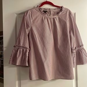 Talbots maroon & white striped ruffle neck and sleeve top